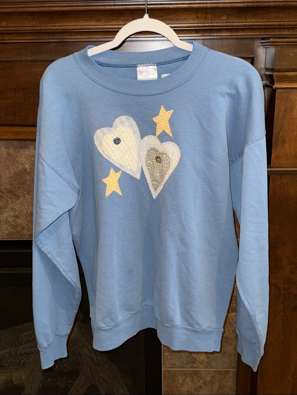 Vintage 90s Blue Heart Star Sweatshirt Folk Art Cottagecore Stars Crewneck est L